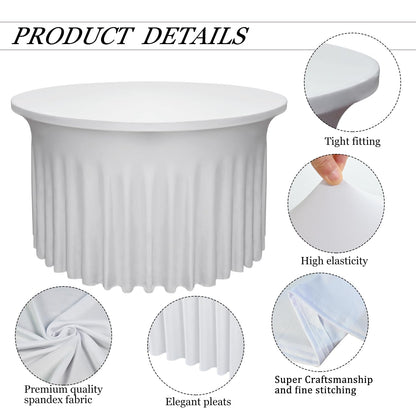 Yoquare 4 Pack White Round Table Skirt, 48 Inch Diameter x 30 Inch Height, Stretch Polyester Spandex Tablecloth for 4ft Round Tables, Stain & Wrinkle Resistant for Wedding, Party, Banquet Decor