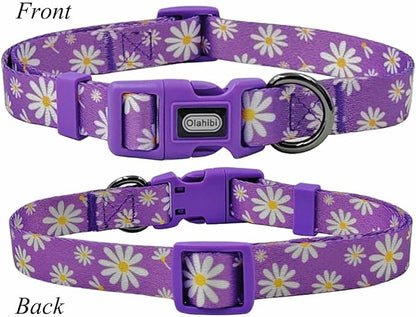 Dog Collar Leash Set, Floral Pattern, Polyester Material, Adjustable Collar and 5ft Matching Leash, for Small Dogs.(S, Purple Daisy)
