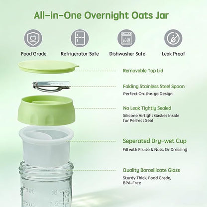 Overnight Oats Containers with Lids & Spoon 4 Pack 16oz, Leak-Proof Glass Over night Oat Jars with Divided Compartments for Fruit & Nuts, Meal Prep Mason Jars for Oatmeal Yogurt Chia Seed Pudding