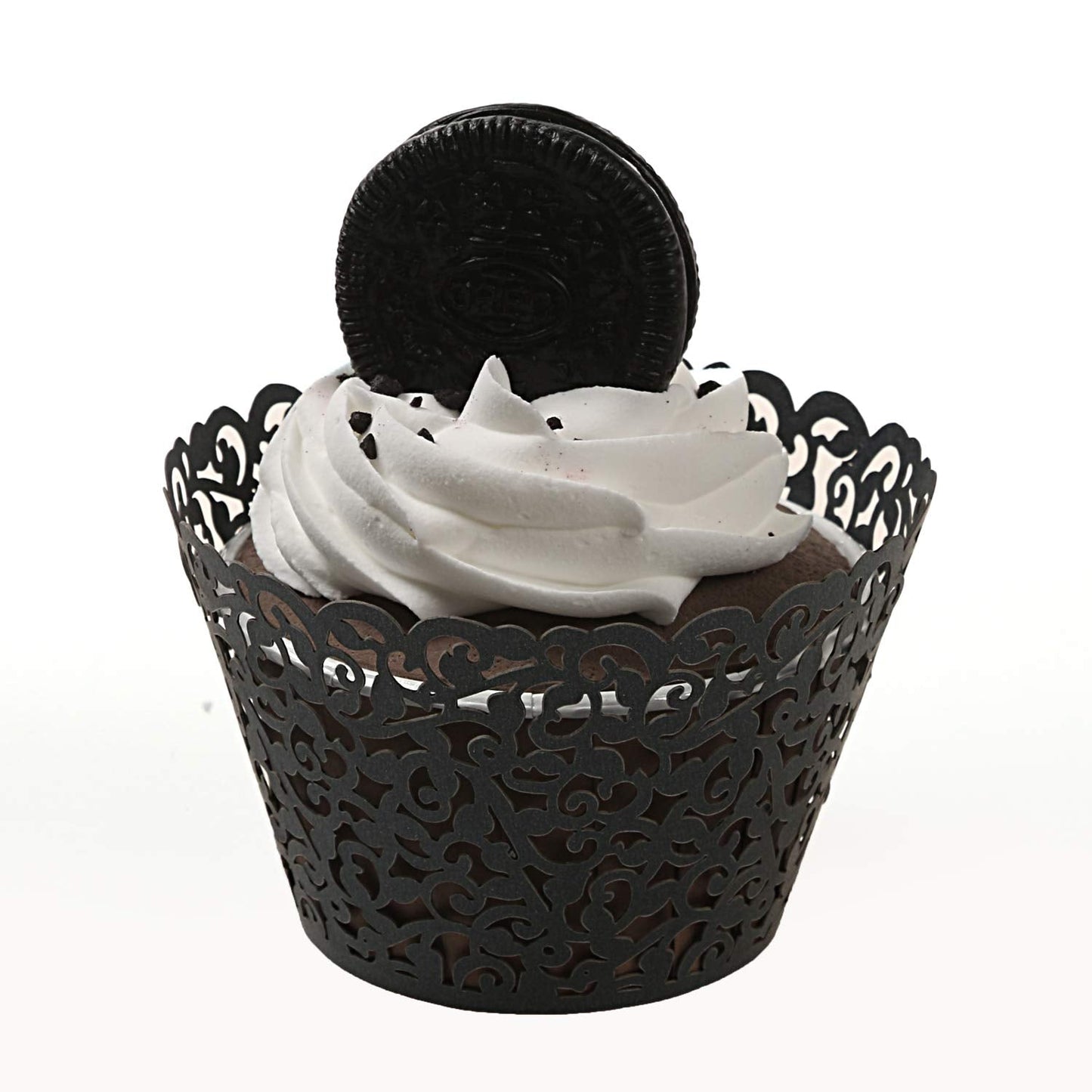 KPOSIYA Pack of 120 Cupcake Wrappers Artistic Bake Cake Paper Cups Vine Designed Laser Cut Cupcake Wraps Baking Cup Muffin Case Trays for Wedding Baby Shower Party Birthday Decoration (120, Black)