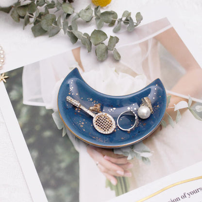 Soddeph Small Moon Ceramic Jewelry Tray, Decorative Trinket Dish, Ring Holder Plate, Modern Accent Tray for Bathroom, Nightstand, Entryway Table, Vanity (2, Blue)
