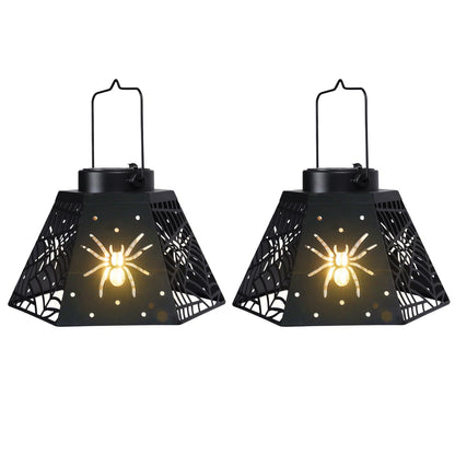 2 Pack Halloween Solar Lantern with Spider Web Design, Outdoor Hanging LED Light for Yard Patio Garden, Waterproof Metal Decorative Lamp for Halloween Decor