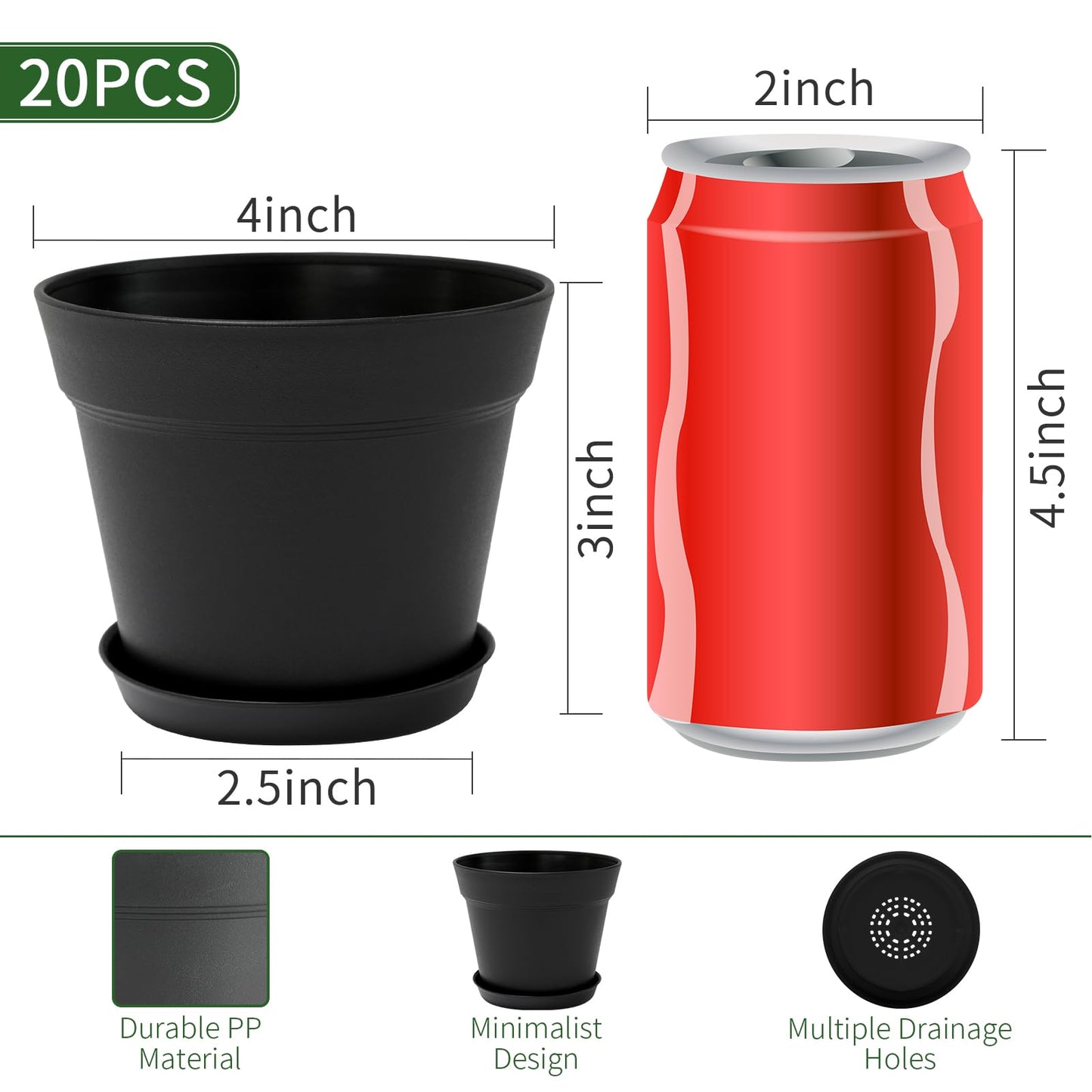 GARDIFE 20 Pack 4 inch Plant pots, planters for Indoor Plants, Flower pots, Black