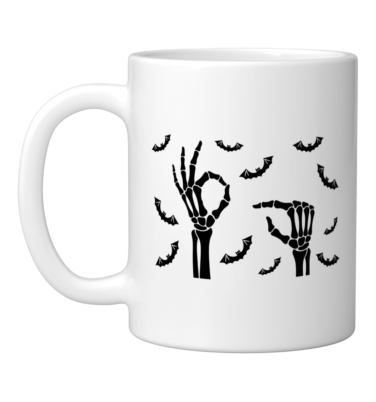 Halloween Skeleton Hands Bats Spooky Minimal Design Ceramic Mug, White