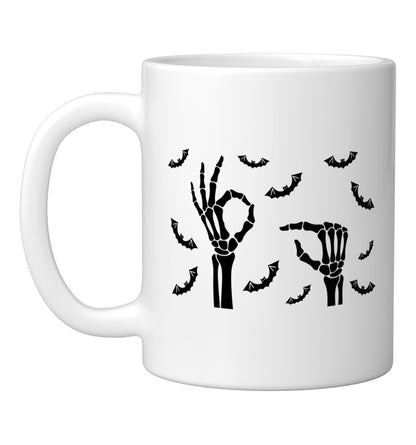 Halloween Skeleton Hands Bats Spooky Minimal Design Ceramic Mug, White