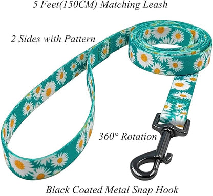 Dog Collar and Leash Set, Cute Daisy Pattern, Polyester Material, 5ft Leash, for Small Dogs.(Small,Green Daisy)