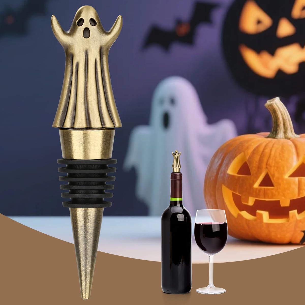 MR.BARWARE Ghost Wine Stopper – Spooky Gift for Men Women, Bronze Ghost-Shaped Bar Accessory with Gift Bag, Perfect for Halloween Birthday Fathers Day Christmas