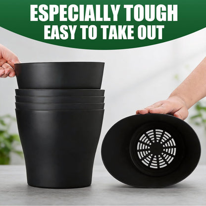 BTPLASTIK 6 Pack 8inch Plastic Round Plant Pot with Drainage Holes & Saucer, Durable 8" Black Nursery Pots Flower Pots for Indoor/Outdoor Plants, Minimalist Curved Design for Succulents, Herbs, Cacti