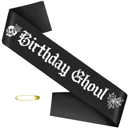 Black Birthday Ghoul Sash with White Glitter Printing Letters - Halloween Birthday Decorations，Glitter Cloth Goth Sash, Halloween Bhday Decorations