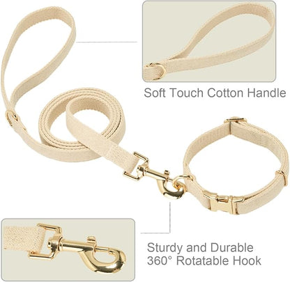 Soft Dog Collar and Leash Set Adjustable Woven Tweed Dog Collars with Metal Buckle and Lead for Small Medium Large Dogs,Beige