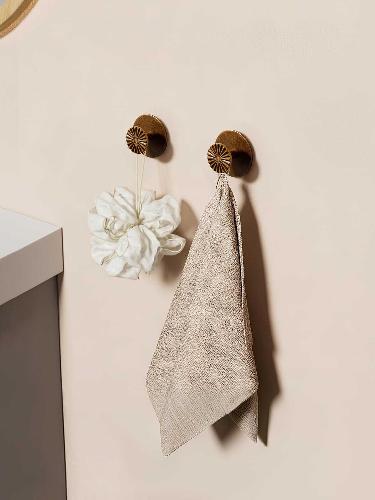JIASENBAO 4 Pack Adhesive Coat Hooks for Bathrooms Antique Brass Wall Robe Towel Hooks for Hanging Kitchen Decorative Heavy Duty Zinc Alloy