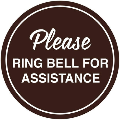 Signs ByLITA Circle Please Ring Bell For Assistance Wall or Door Sign | Easy Installation | Front Desk Reception Sign (Dark Brown) - Large (10 Pack)