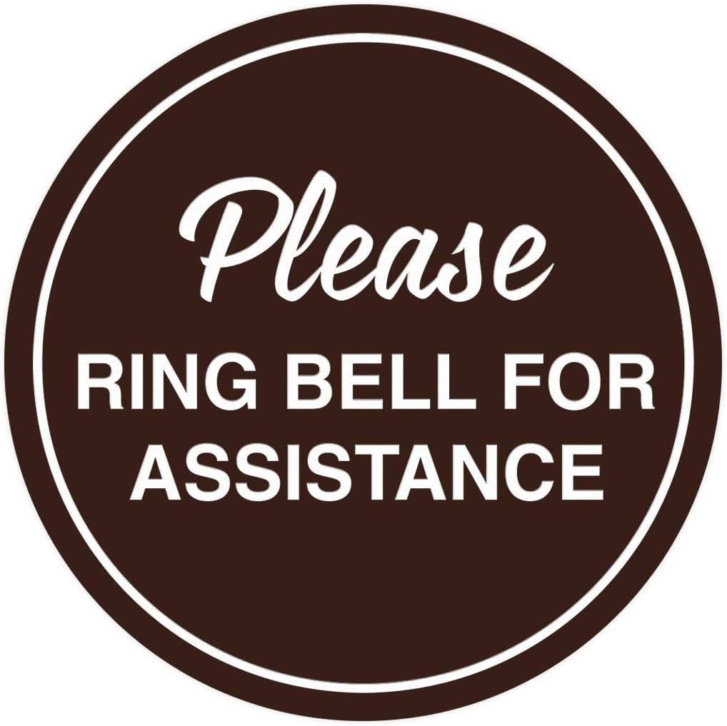 Signs ByLITA Circle Please Ring Bell For Assistance Wall or Door Sign | Easy Installation | Front Desk Reception Sign (Dark Brown) - Small (10 Pack)