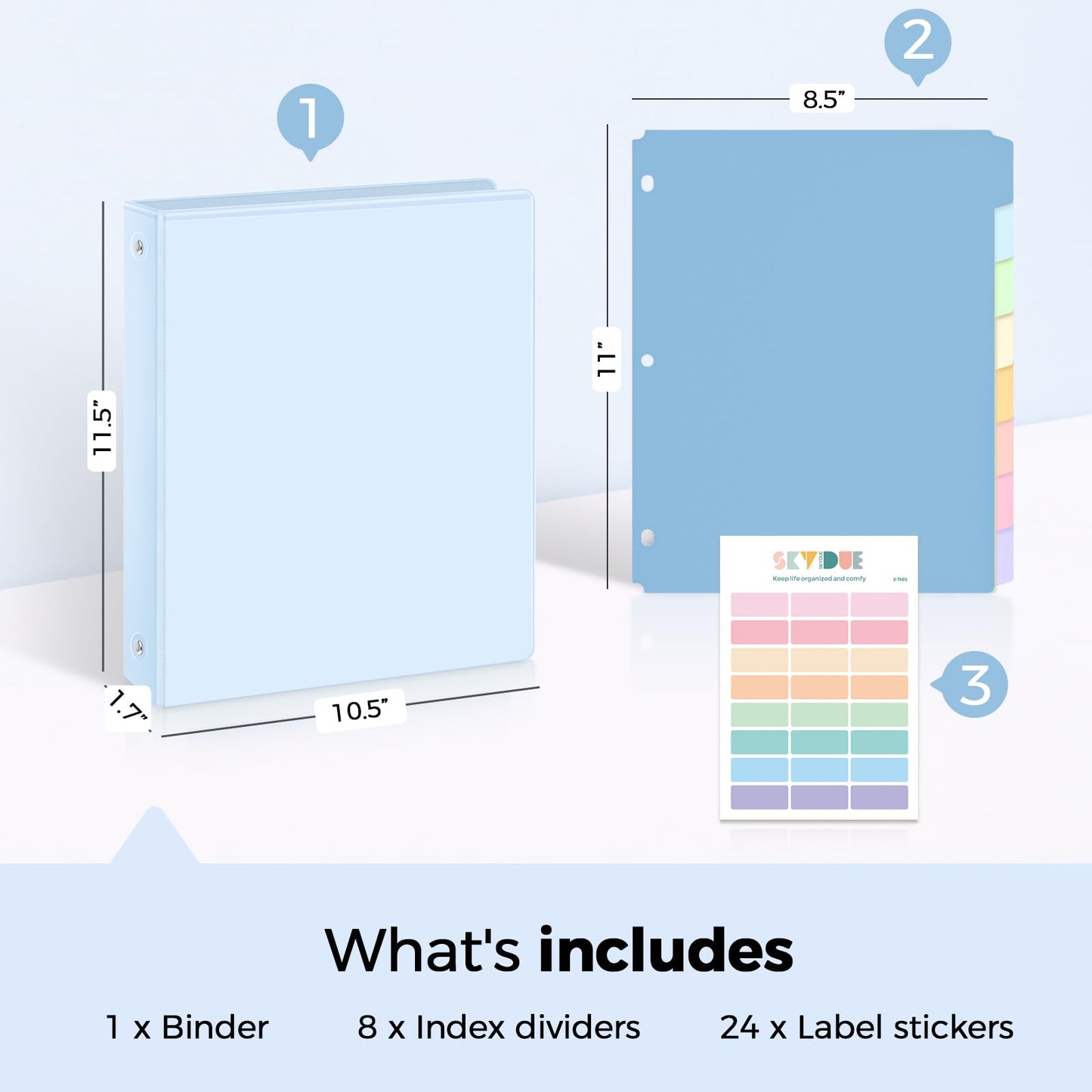 SKYDUE 1 Inch 3 Ring Binder with 8 Tab Dividers & 24 Labels, Pastel Binder Organizer for Letter Size Paper, Aesthetic School Binder for Notes, Documents, Office & Home Organization, Blue
