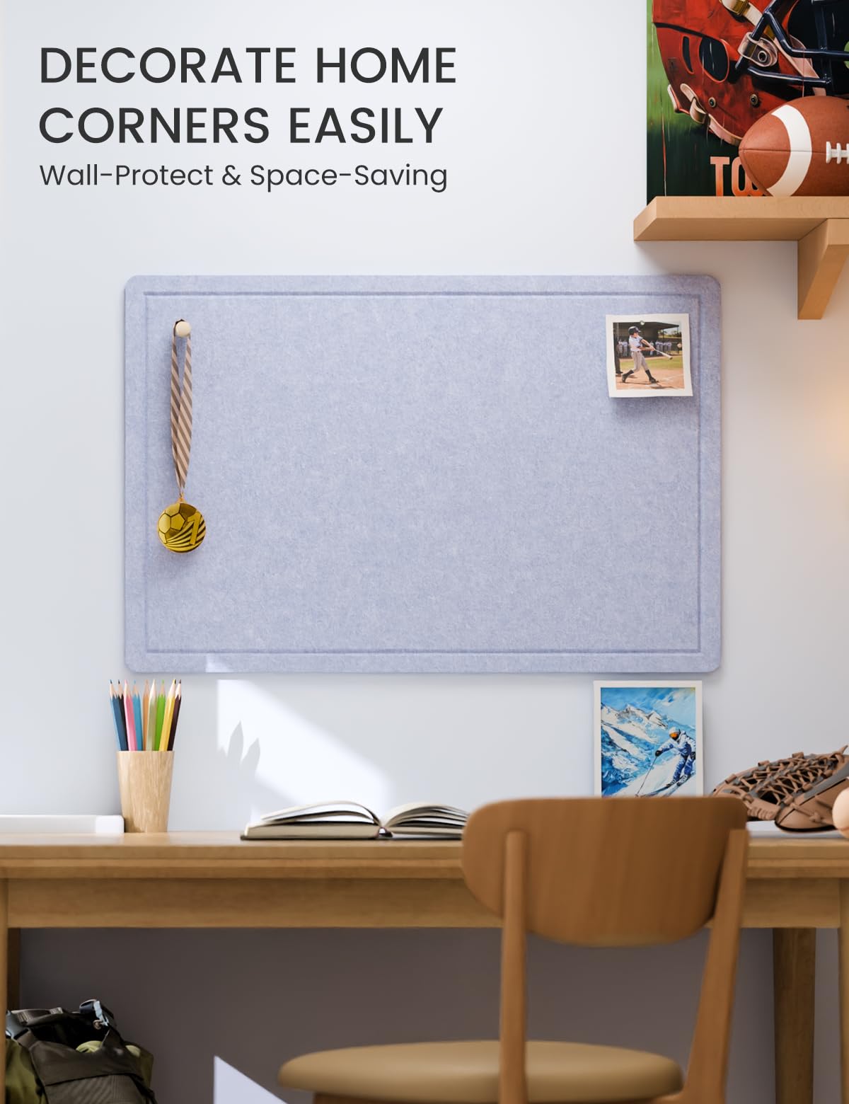 Fluxynara Bulletin Board,35.4" x 23.6" Cork Board Alternative with 12 Safe Removable Adhesive Tabs, Foldable Felt Pin Board for Home Office, Classroom, Bedroom,Entryway for Walls—Soft Periwinkle