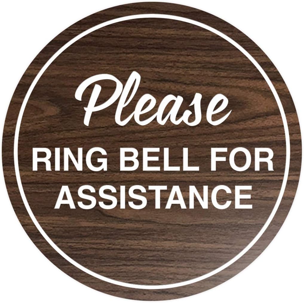 Signs ByLITA Circle Please Ring Bell For Assistance Wall or Door Sign | Easy Installation | Front Desk Reception Sign (Walnut) - Medium (1 Pack)