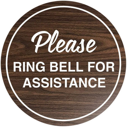 Signs ByLITA Circle Please Ring Bell For Assistance Wall or Door Sign | Easy Installation | Front Desk Reception Sign (Walnut) - Medium (1 Pack)