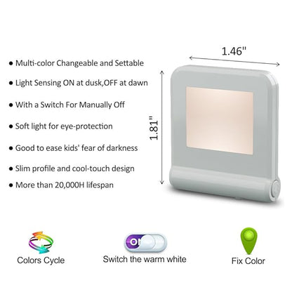MAZ-TEK Plug in LED Night Light with Smart Dusk to Dawn Sensor, Multi-Color Changeable Nightlights, Energy Efficient Night Lamp for Bedroom, Baby Room, Kitchen, Hallway, Stairway, 2 Pack