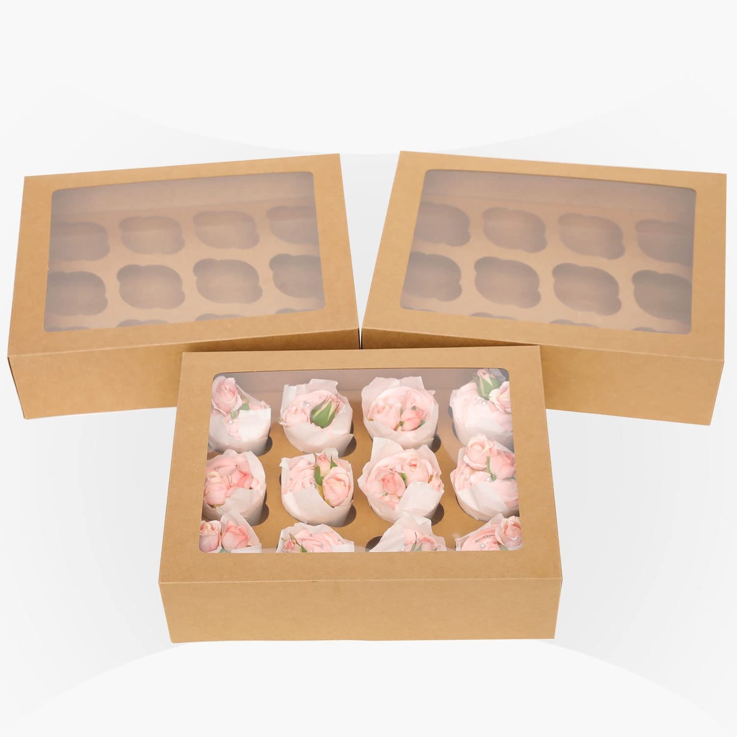 Bakepacker 12 Cupcake Containers 20-Packs Brown 12 Count Cupcake Boxes with Window Cupcakes Carrier, 13"x10"x3.5"（Auto-pop up）