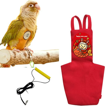 MANON ROSA Bird Diapers Leash Set Washable Reusable Handmade Flight Suit Waterproof Inner Layer - Protective Parrot Nappy Clothes Parakeets Macaws Budgies Canaries (Red2,Caique)