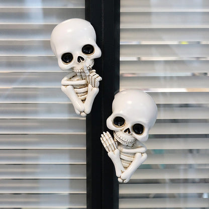 JARPSIRY Set of 2 Funny Keep Quiet Skeleton Statue Window Peeker Door Corner Decor, Horror Resin Skull Figurines Gothic Wall Sculpture Spooky Home Halloween Decorations