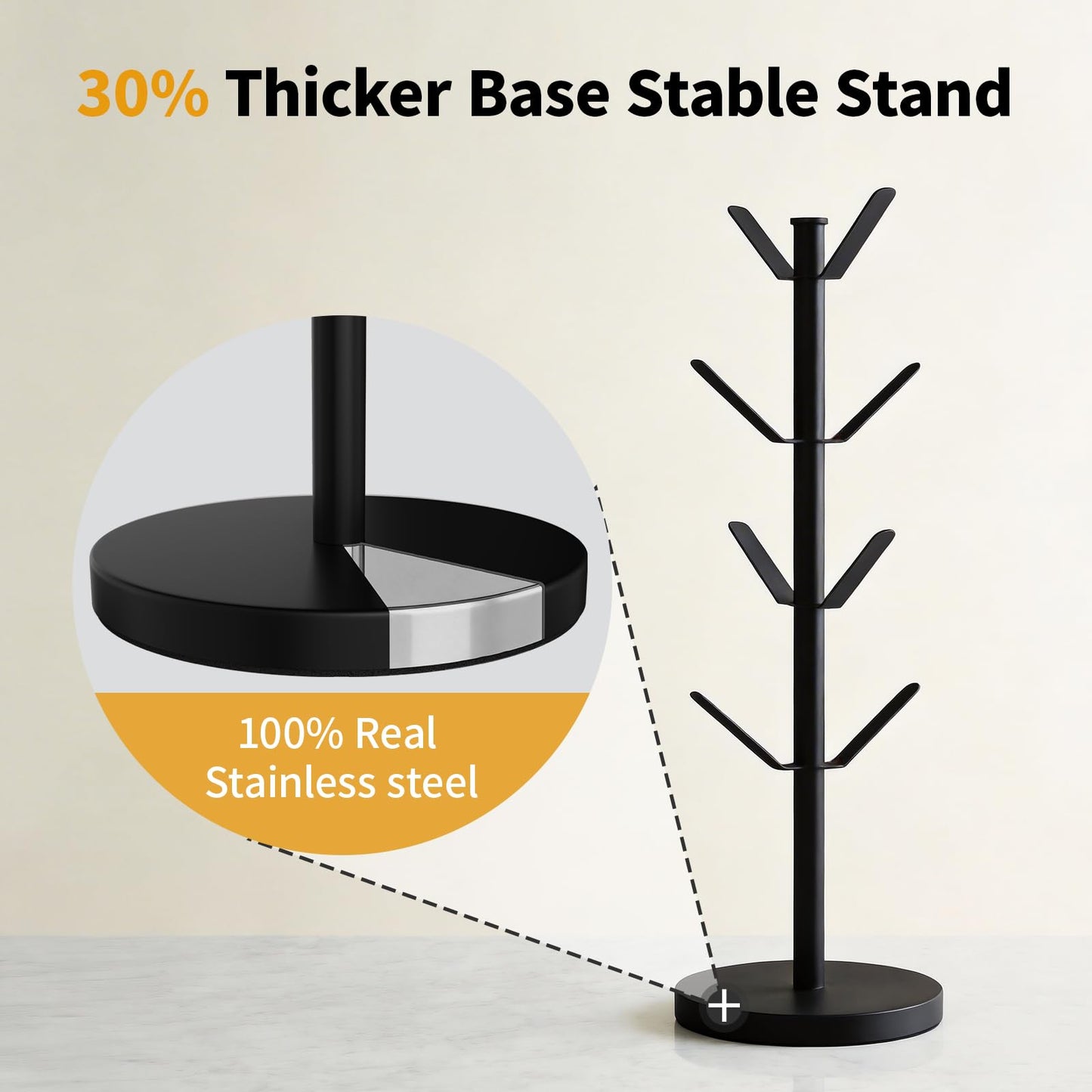 HUILAIXIAN Stainless Steel Mug Holder Tree, Updated Thick Coffee Cup Holder Base, Coffee Cups Stand Mug Holders with 8 Hooks for Countertop Cup Rack Organizer Stand (Black)