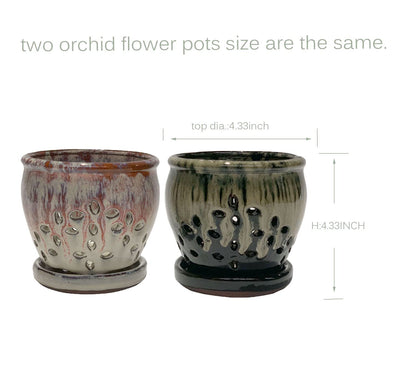 Beitewei 2PCS Small Ceramic Orchid Planter Pots with Holes 4.33inch Ceramic Planters for Orchid Repotting(Black&White)