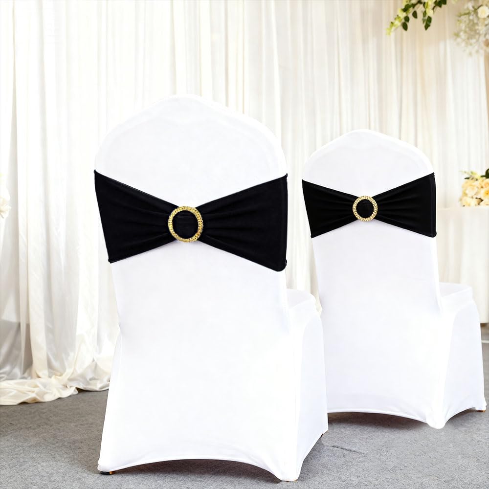 MAGTOWNE Black Chair Sashes 50 Pack with Gold Buckle Slider, Spandex Sashes for Folding Chairs Wedding Party Banquet Décor