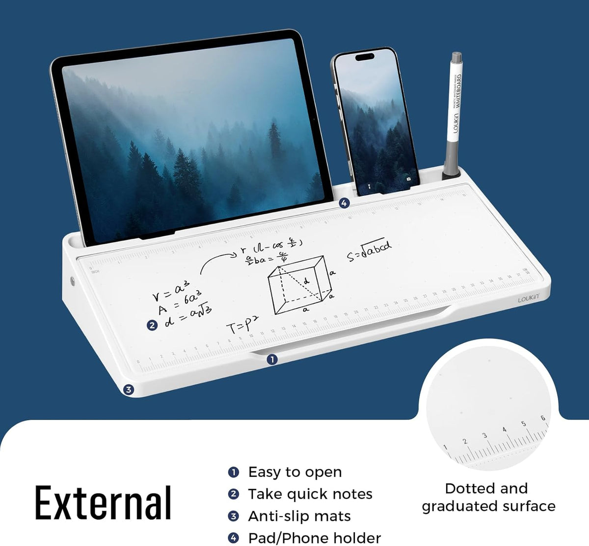 LOUKIN Glass Desktop Whiteboard, 15.3" x 5.6" Dry Erase Desk Board with Dotted and Graduated Surface, Desktop Buddy, Great for Design and Drawing, 3 Markers and 1 Dry Erase Eraser Included (White)