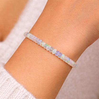 Natural Ethiopian Opal Stretchable Bracelet, Welo Fire, Smooth Beads Bracelet, Rondelle Shape, Milky White with Play-of-Color, 5 Inch