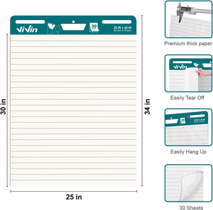 ViVin Lined Sticky Easel Pad, 25 x 30 Inches Flip Chart Paper for Teachers and Students, Large Self Stick Easel Paper, Teacher Anchor Chart, 30 Sheets/Pad, 4 Pads/Pack
