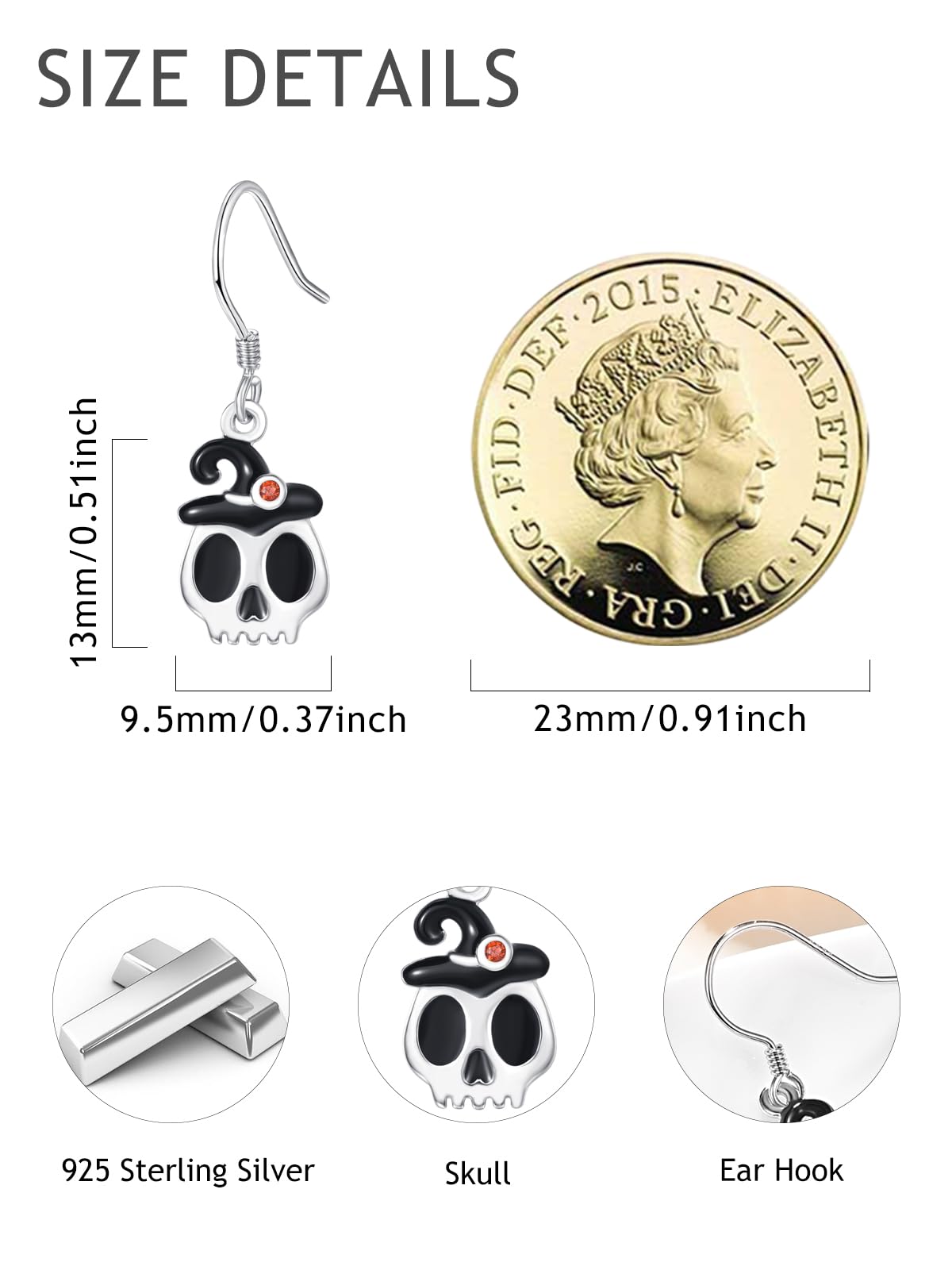 KINGWHYTE Skull Earrings 925 Sterling Silver Gothic Spooky Halloween Earrings Dangle Skull Earrings with Hat Halloween Jewelry Gifts for Women