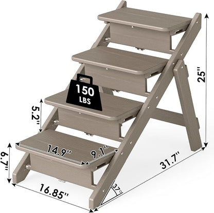 Dog Stairs and Steps, HDPE Plastic Wood Grain, 2-in-1 Foldable Pet Ramp for Small and Medium Dogs and Cats, for Bed Couch and Car, No Assembly Required, Supports Up to 150lbs
