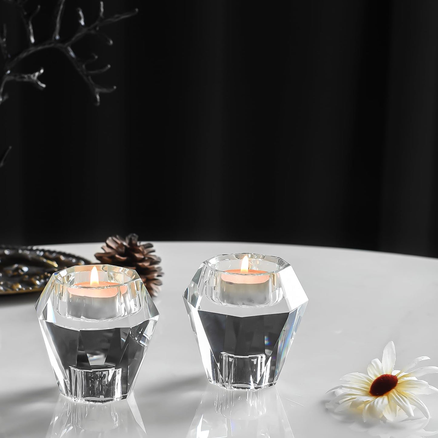 Marvala Crystal Candle Holders Pack of 2, Reversible Clear Tealight or Taper Candlesticks, Table Centerpiece Home Decor for Wedding, Dining, Party, Luxury Gift Set (Transparent)