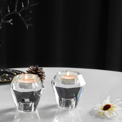 Marvala Crystal Candle Holders Pack of 2, Reversible Clear Tealight or Taper Candlesticks, Table Centerpiece Home Decor for Wedding, Dining, Party, Luxury Gift Set (Transparent)