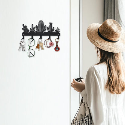 MAYJOYDIY Desert Cactus Key Holder Wall Mount Black Metal Hook Coat Hanger
