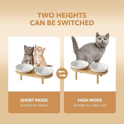 Havniva Elevated Cat Bowls Raised Ceramic Cat Bowl, 5.7” Wide Opening Cat Food Bowl Whisker Friendly Cat Dish Anti-Slip with Bamboo Stand, Shallow Pet Food & Water Bowl for Indoor Cats