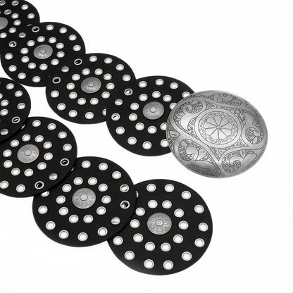 Heyjoin Hollow Wide Disc Belt for Women Out Round Leather Metal Buckle Belt Soft Durable Vintage Western Waist Belts (Silver Black A-XL)