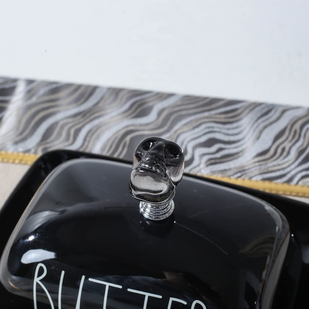 Oskas Halloween Themed Black Porcelain Butter Dish with Lid and Skull Knob, Butter Keeper with Cover for East West Coast Butter