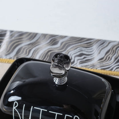 Oskas Halloween Themed Black Porcelain Butter Dish with Lid and Skull Knob, Butter Keeper with Cover for East West Coast Butter