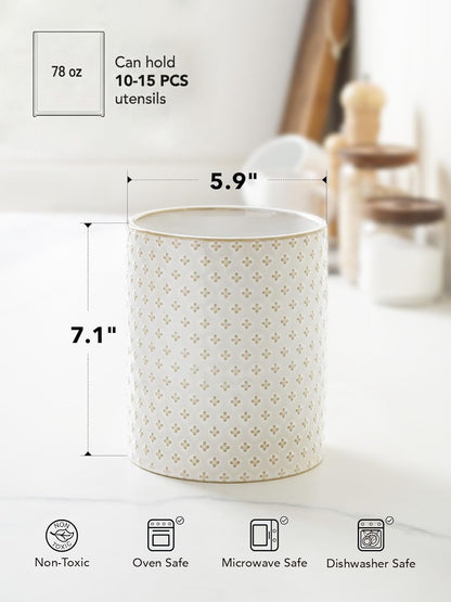 LE TAUCI Utensil Holder for Kitchen Counter - 7.1" Large Ceramic Utensil Crock, Cooking Utensil Organizer for Spatula, Spoon, Whisk - Farmhouse Kitchen Countertop Storage, Embossed, Clover