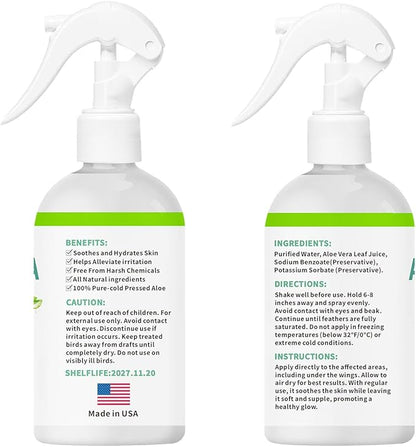 Aloe Vera Bird Spray for Birds - Bird Safe Moisturizing Mist Skin Soothing & Hydrating Mist Conditions Feathers, Gentle for Daily Use - Birds Fine-Mist Application Odor-Free Pure Cold-Pressed Aloe