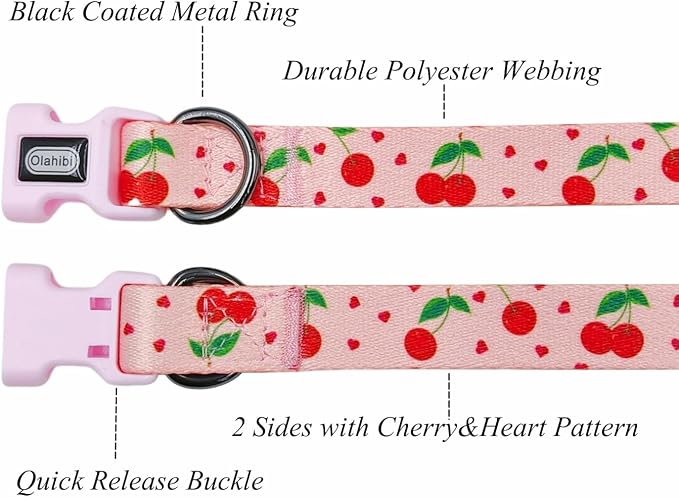 Dog Collar Leash Set, Fruit Pattern, Polyester Material, Adjustable Collar and 5ft Matching Leash, for Small Dogs.(S, Pink Cherry)