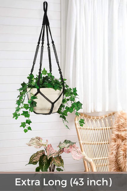 Shineloha 43 Inches Macrame Planter Hanger Large for 12 inch Pot + Swag Hook (Extra Long & Big) | Large Hanging Planter for Indoor Plants | No Tassel, Cotton Rope, NO Pot/Plant Included (Black)(XL)