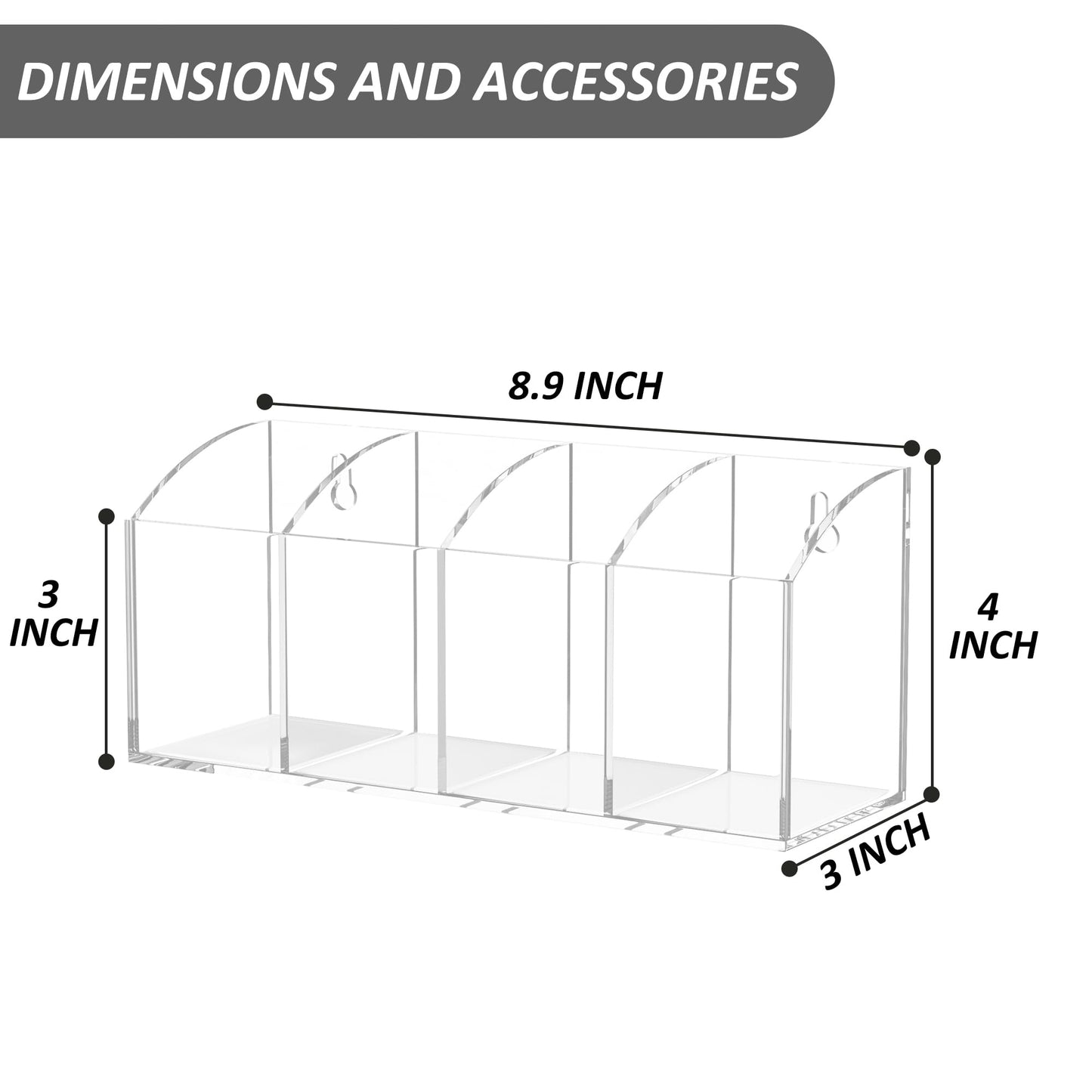 Hexsonhoma Acrylic Pen Holder Organizer 4 Compartments, Clear Makeup Brush Holder, No Drill Wall Mounting Pencil Holder for Office Accessories
