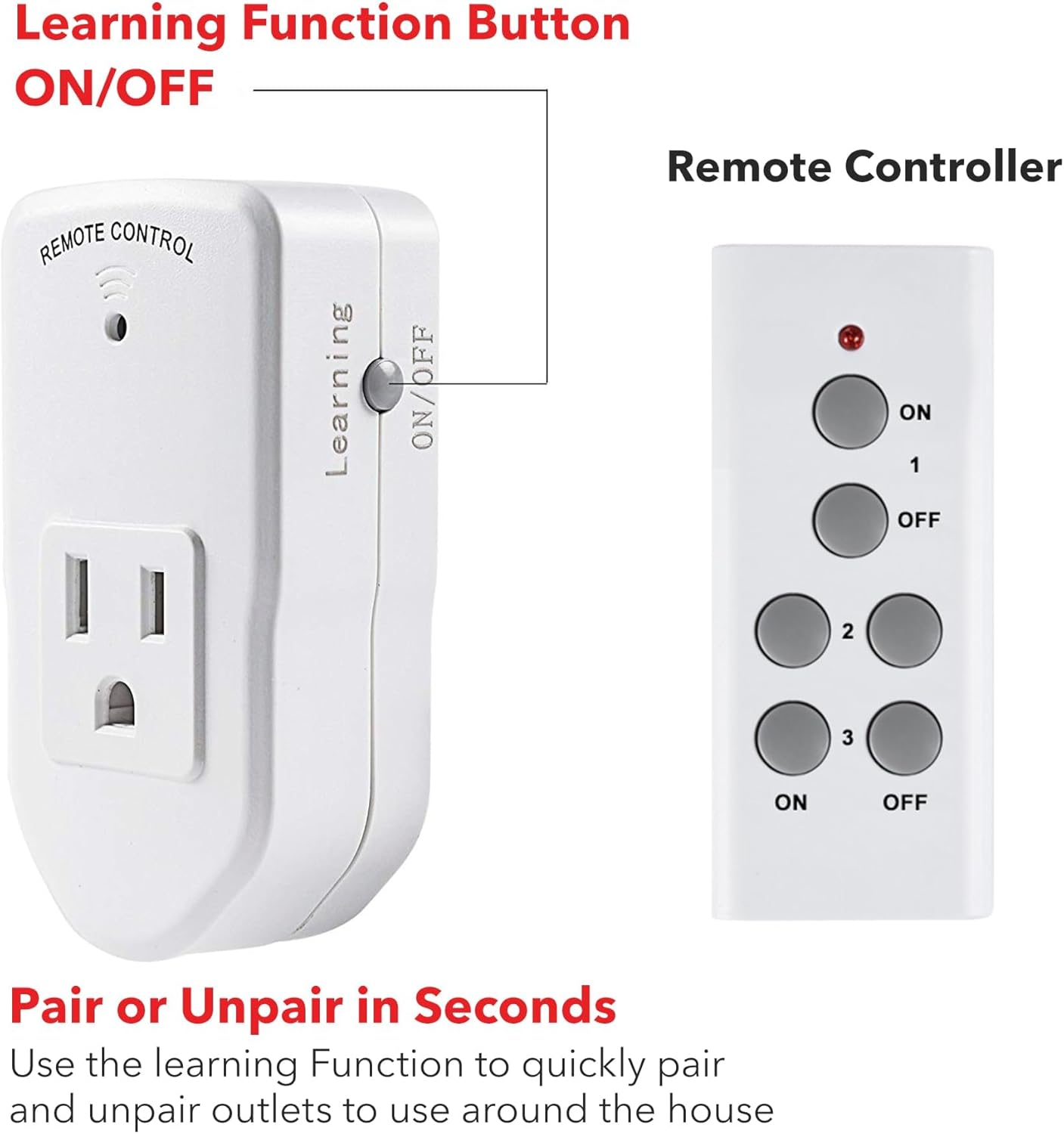 BN-LINK Wireless Remote Control Electrical Outlet Switch for Lights, Fans, Christmas Lights, Small Appliance, Long Range White 10A/1200W, 1 Remote + 1 Outlet