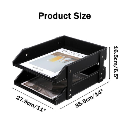 2-Tier Stackable Leather Desk Organizer, Letter Tray Holder for File, A4 Paper, Magazine & Stationery, Desktop Storage Box for Office & Home (Black)