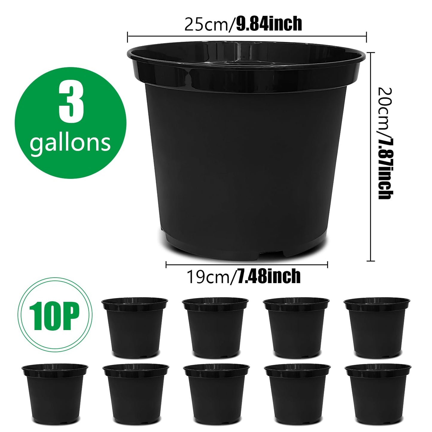 RooTrimmer 3 Gallon Plastic Nursery Pots, 10 Inch Round Plant Pots with Drainage Holes, 10 Pack Planting Pot for Outdoor Indoor Plants, Gardening Gifts for Women, Black