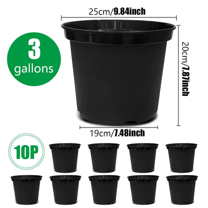 RooTrimmer 3 Gallon Plastic Nursery Pots, 10 Inch Round Plant Pots with Drainage Holes, 10 Pack Planting Pot for Outdoor Indoor Plants, Gardening Gifts for Women, Black