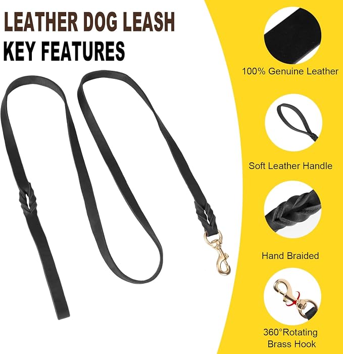 LWBMG 5FT Leather Dog Collar and Leash Set, Heavy Duty Dog Leash and Collar with Metal Buckle,Adjustable Pet Collar and Lead, Soft Pet Leash and Collar Set for Small Medium Large Dogs Black